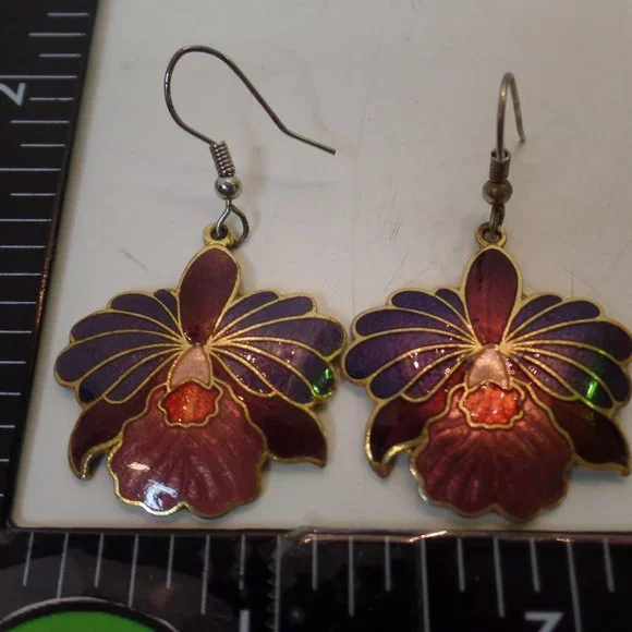 Vintage  Cloisonné Floral Pattern Ear Rings Goldtone Backs & Hook Closure - Picture 4 of 5